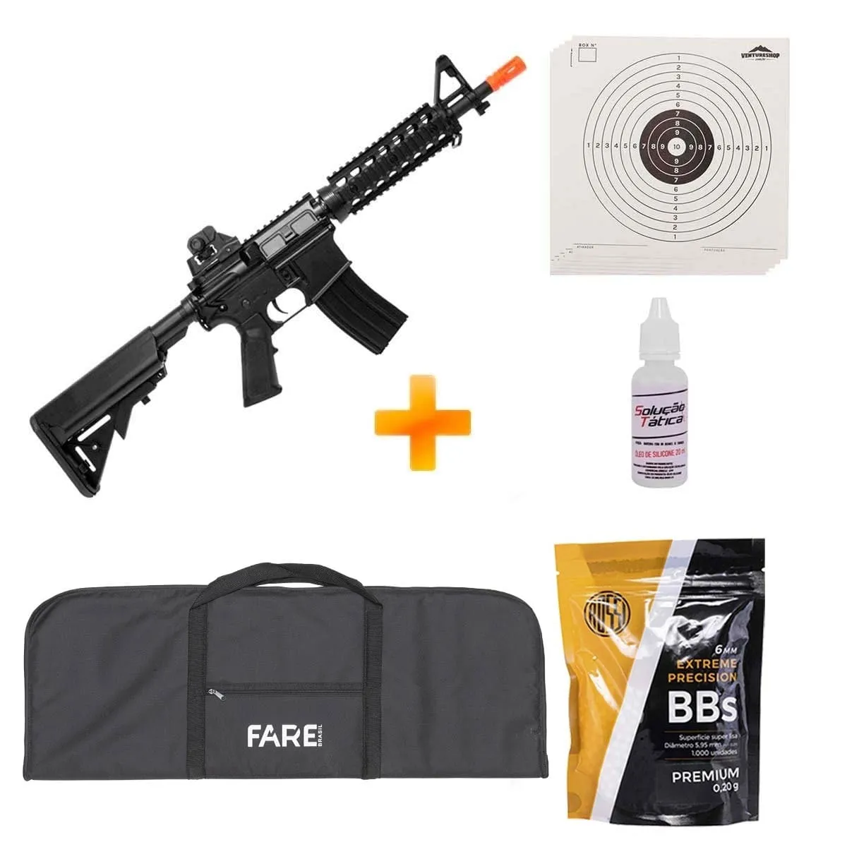 Rifle de Airsoft M4A1 AEG RIS CQB 6mm CYMA + Capa + BB's + Óleo Silicone +  Alvos