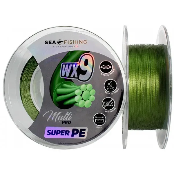 Linha multifilamento Sea Fishing WX9 - 0,20 mm - 30 lbs PE 3 - 300 m Verde 9 Fios